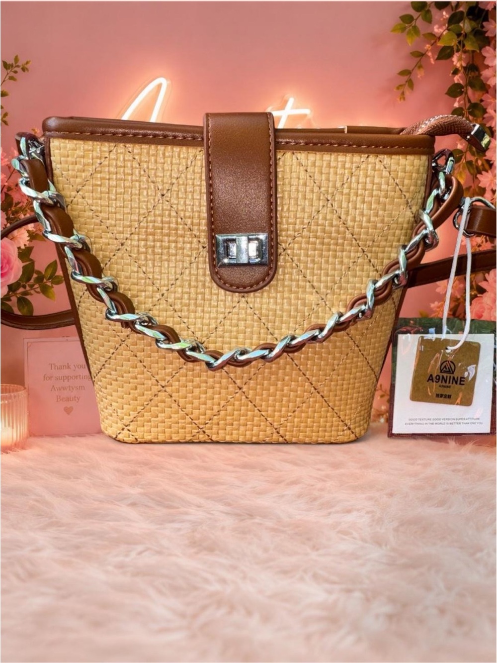 NWT- A9NINE-tan woven straw bucket crossbody bag